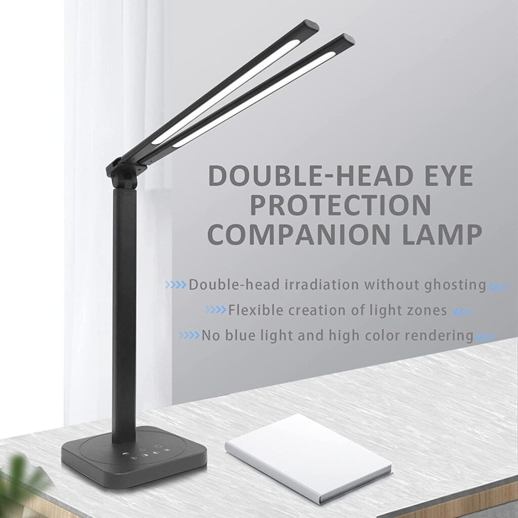 Lampe De Bureau Double Avec 2 Ports USB - 76 LEDs, Réglable En Intensité Et Couleur - Certifications CE Et RoHS - Noire
