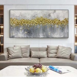 Tableau Paysage peinture abstraite 75x100cm, Décoration murale chambre doré et gris 100% peint à la main.