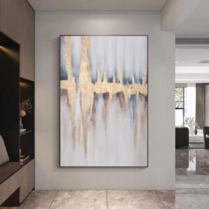 Tableau abstrait bleu doré 70x100cm, sans cadre, Déco peinture salon sur toile 100% fait main.