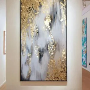 Tableau abstrait doré sur toile 70x100cm, Peinture huile mur 100% fait main.