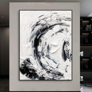 Tableau abstrait noir et blanc 75x100cm, Déco murale pas cher, peinture sur toile 100% fait main.