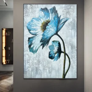 Tableau fleurs bleu abstrait, sans cadre, plusieurs tailles disponibles, Déco murale sur toile peinture 100% peint à la main.