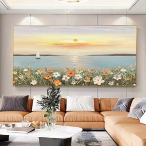Tableau paysage bord de mer 75x100cm sans cadre, peinture abstraite nature 100% peint à la main.