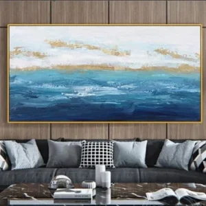 Tableau peinture mer bleu, 60x120cm, Déco murale salon ou chambre moderne sur toile 100% fait main.