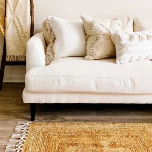 Tapis jute naturel beige salon, 100% fait à la main, tapis d'intérieur écoresponsable.