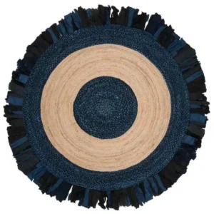 Tapis rond jute coton 150 cm, décoration bohème, tapis naturel d'intérieur couleur beige et bleu.