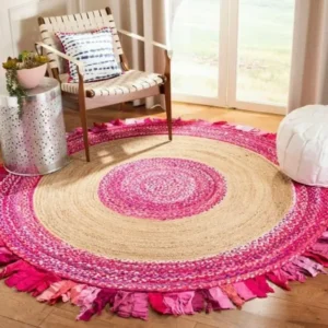 tapis rond jute coton multicolore rose, déco bohème chic, tapis naturel écologique.