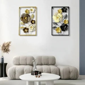 Déco murale bohème fleurs en fer brun noir et doré, décoration salon scandinave.