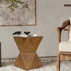 Petite Table d’appoint Gan originale, en béton léger couleur bois nature marron déco bohème chic.