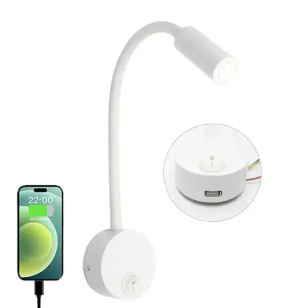 Lampe De Chevet à Fixer sur Tête de Lit au mur, à col de cygne en blanc, chargement usb téléphone.