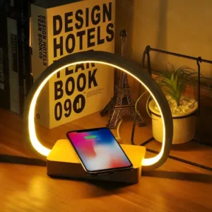 Lampe chargeur induction téléphone en bois, luminaire tactile sans fil sur bureau.