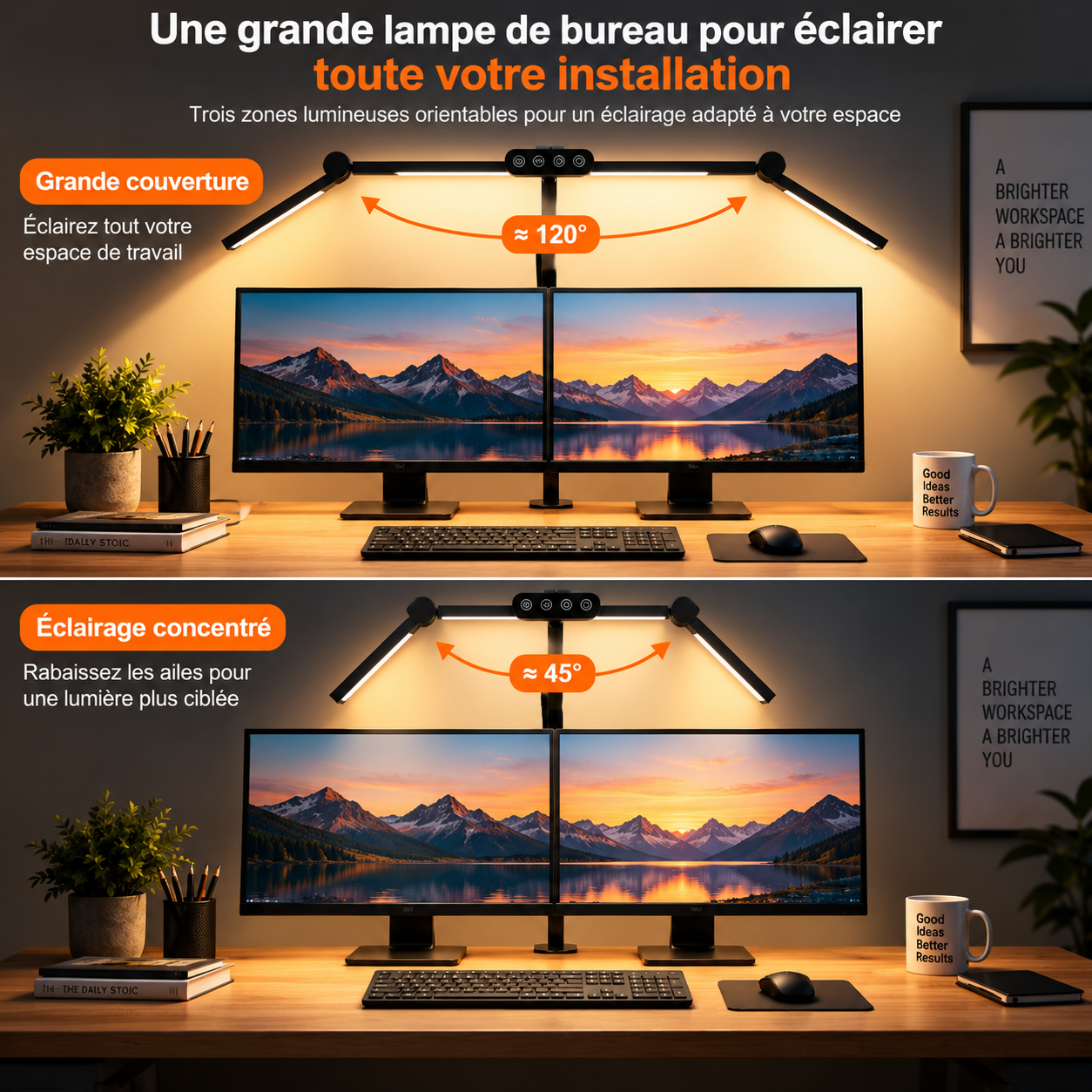 Grande lampe de bureau puissante avec éclairage modulable pour double écran