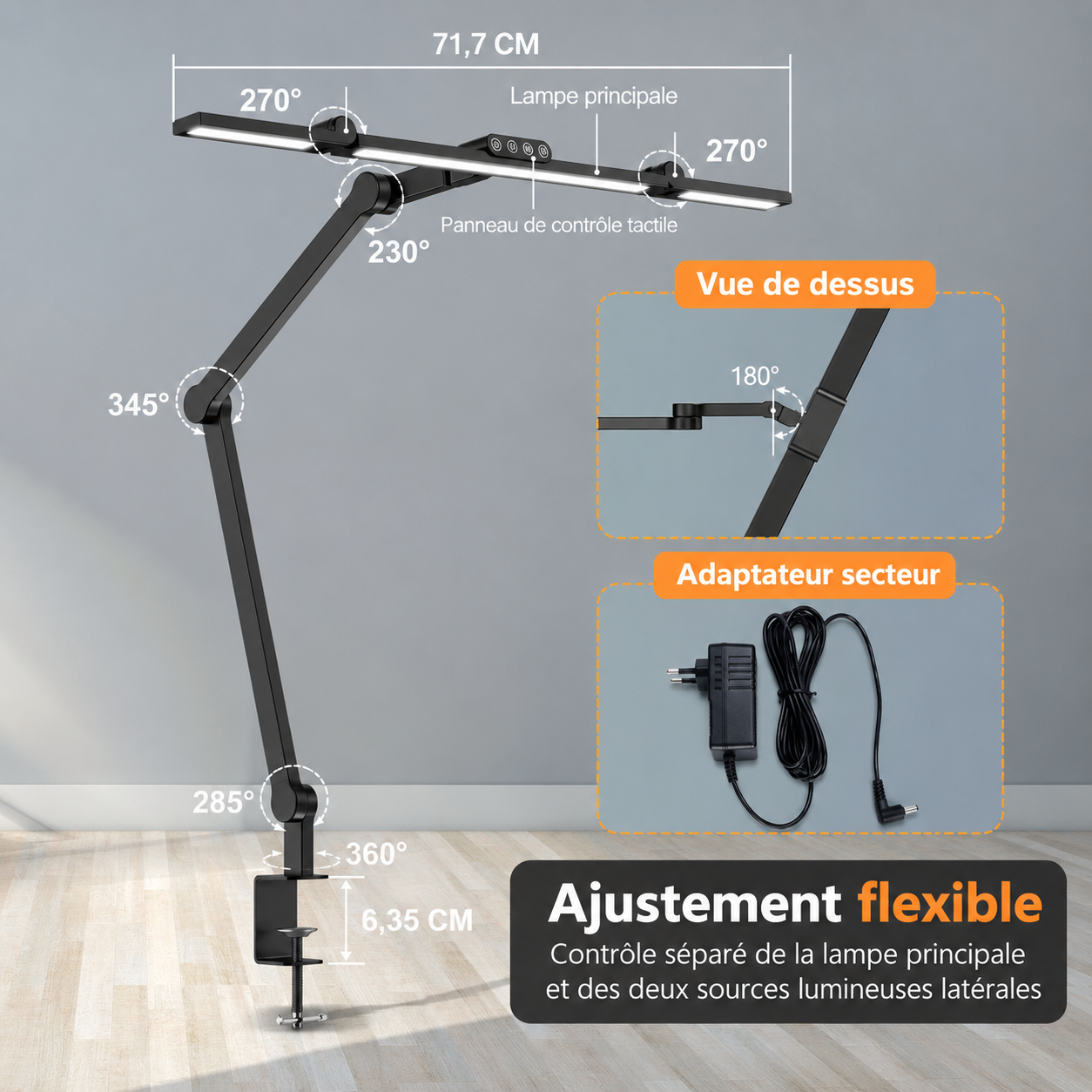 Lampe de bureau LED avec 7 articulations rotatives et pince jusqu’à 6,35 cm