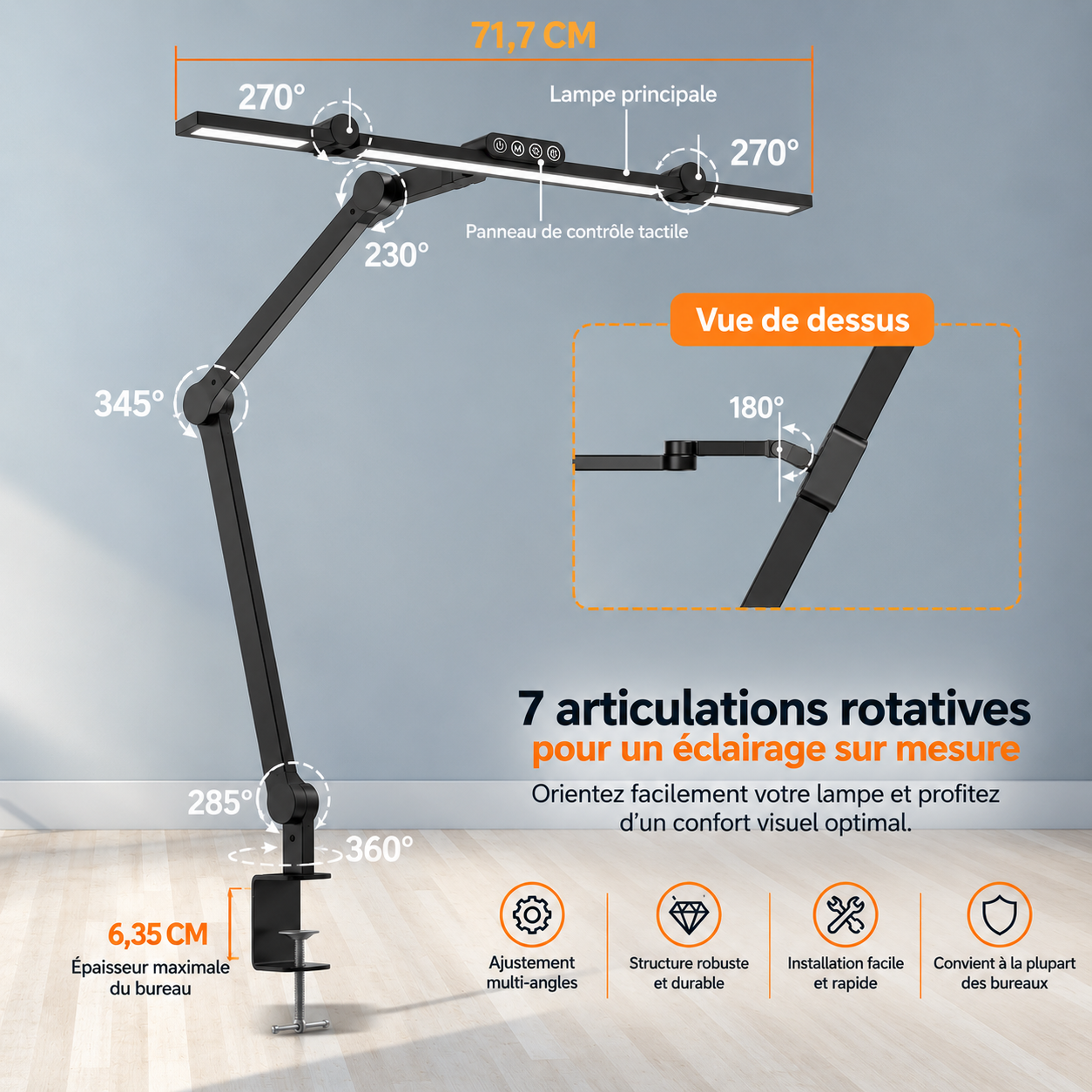 Lampe de bureau LED avec 7 articulations rotatives et pince jusqu’à 6,35 cm