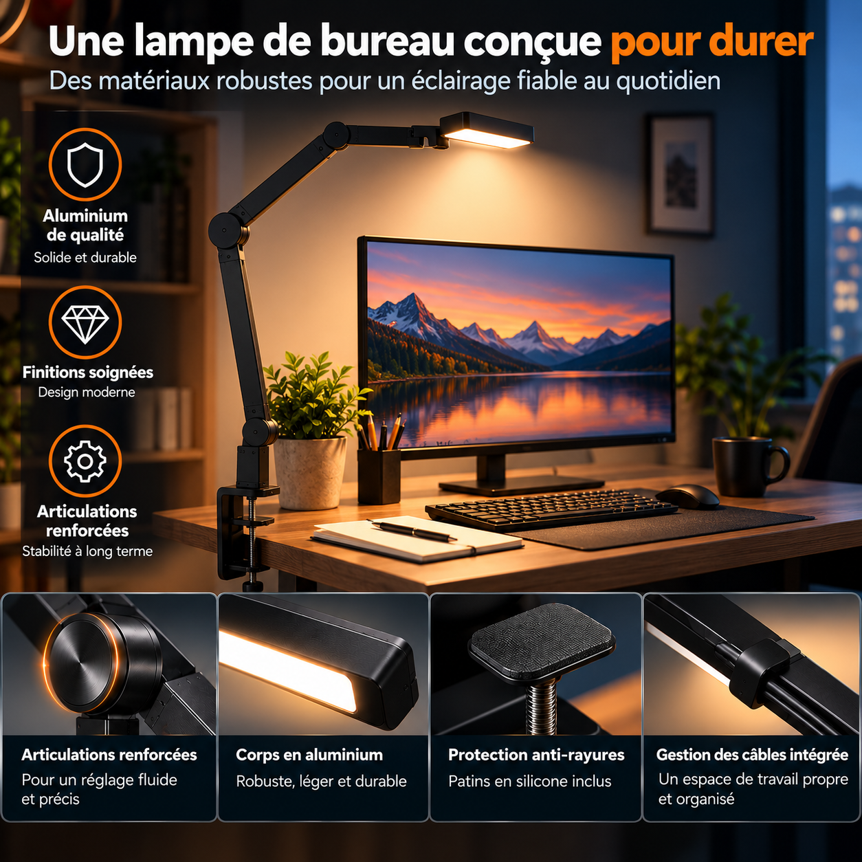 Lampe de bureau moderne en aluminium avec articulations renforcées