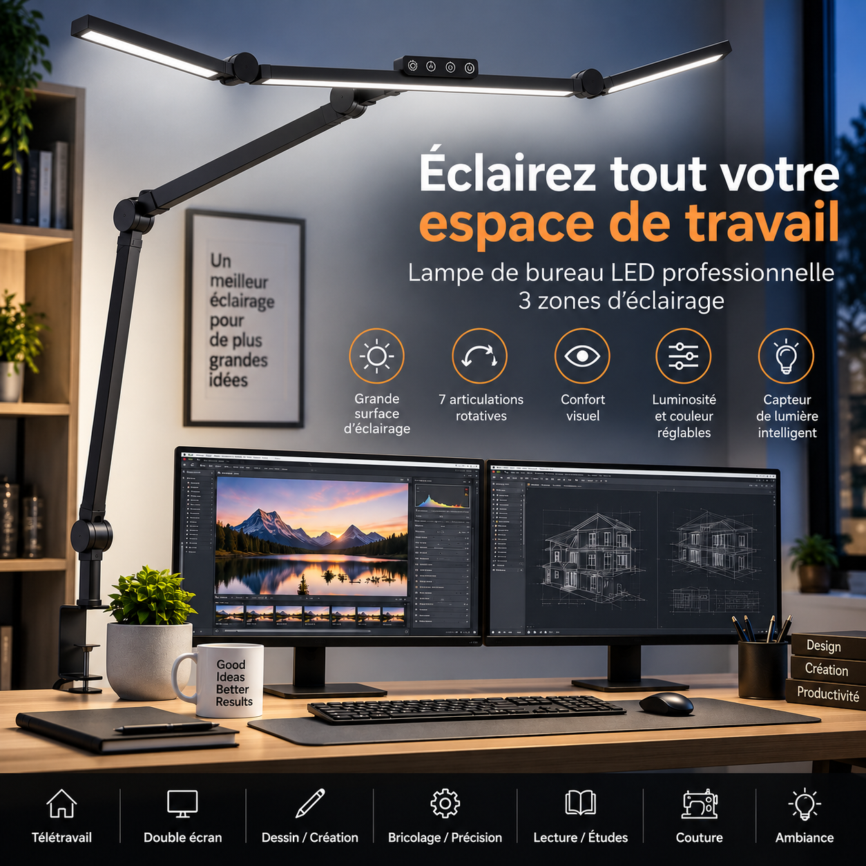 Lampe de bureau pour ordinateur avec éclairage double écran