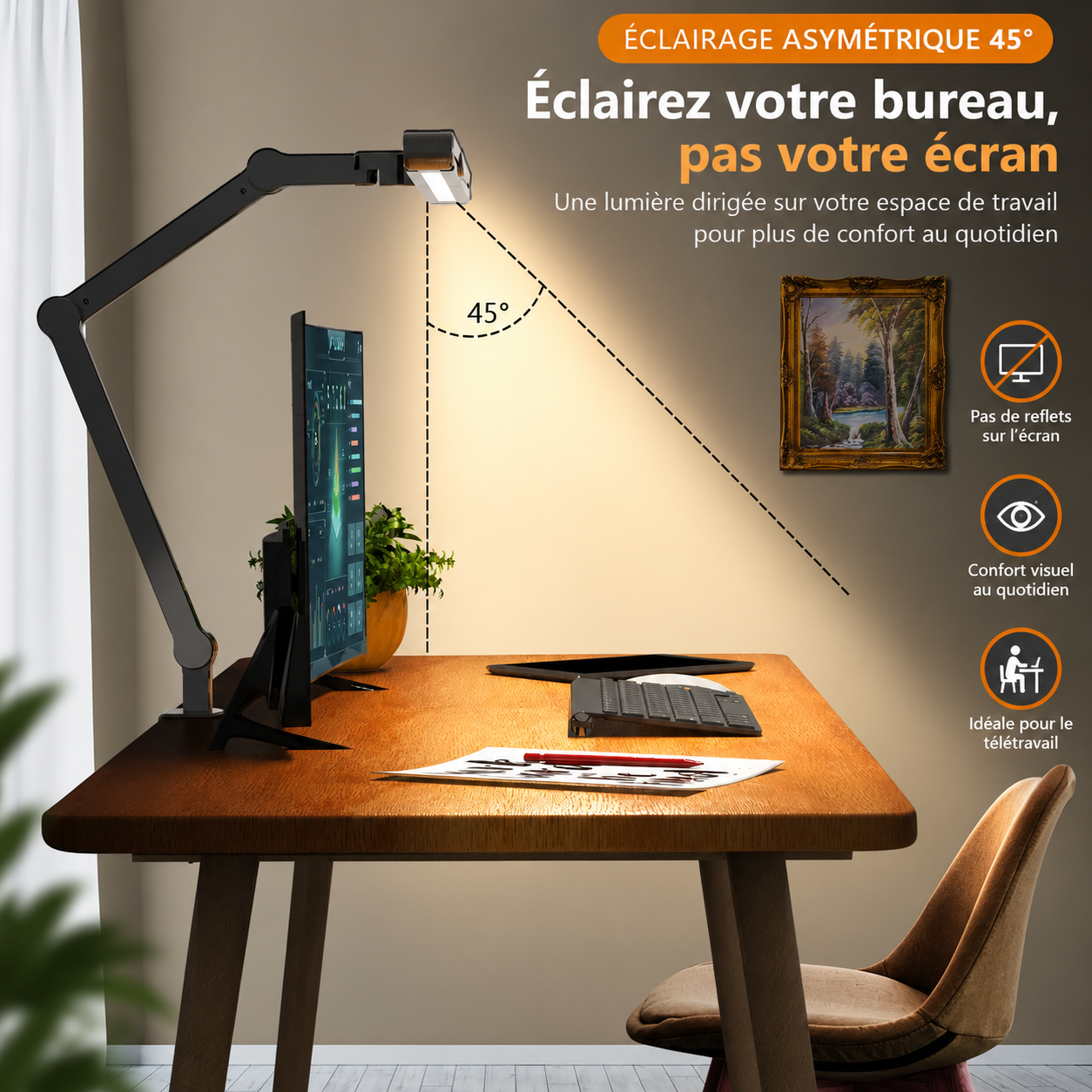 Lampe de bureau pour ordinateur avec éclairage asymétrique à 45° dirigé vers le plan de travail