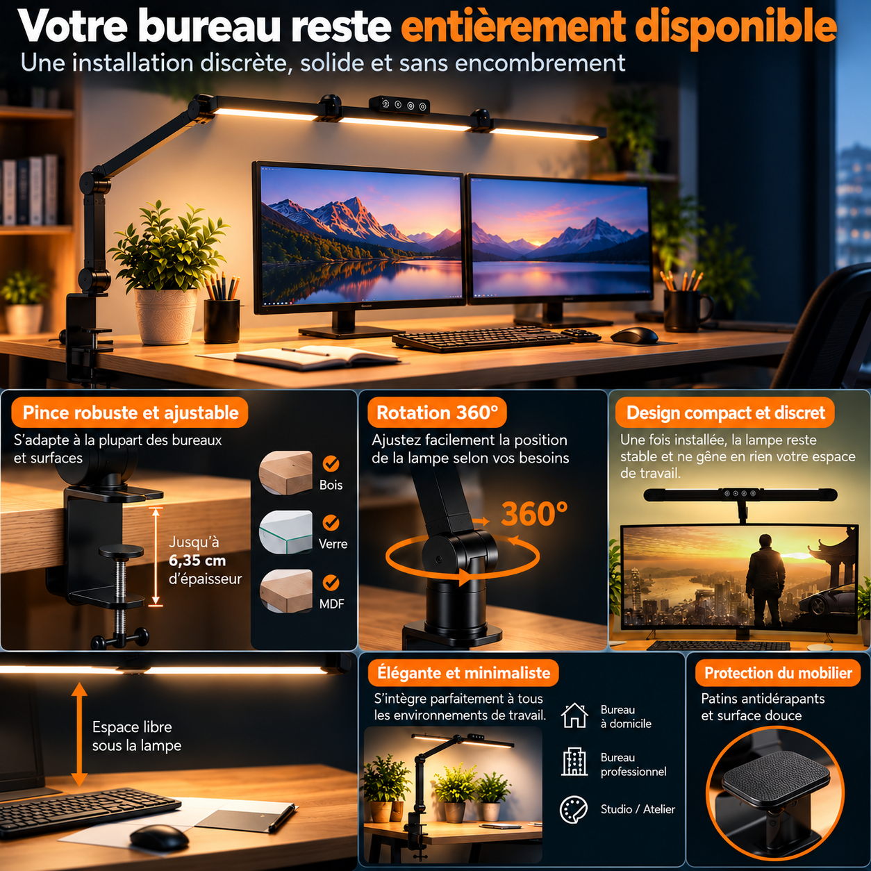 Lampe de bureau à pince fixée au bord du bureau pour libérer l’espace de travail