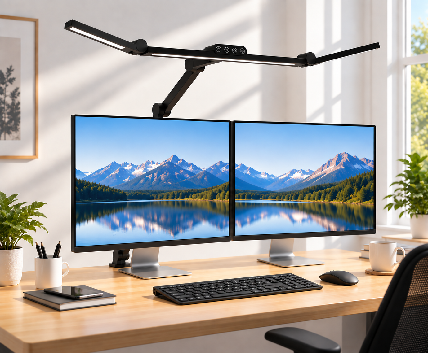 Lampe de bureau LED articulée à pince pour double écran