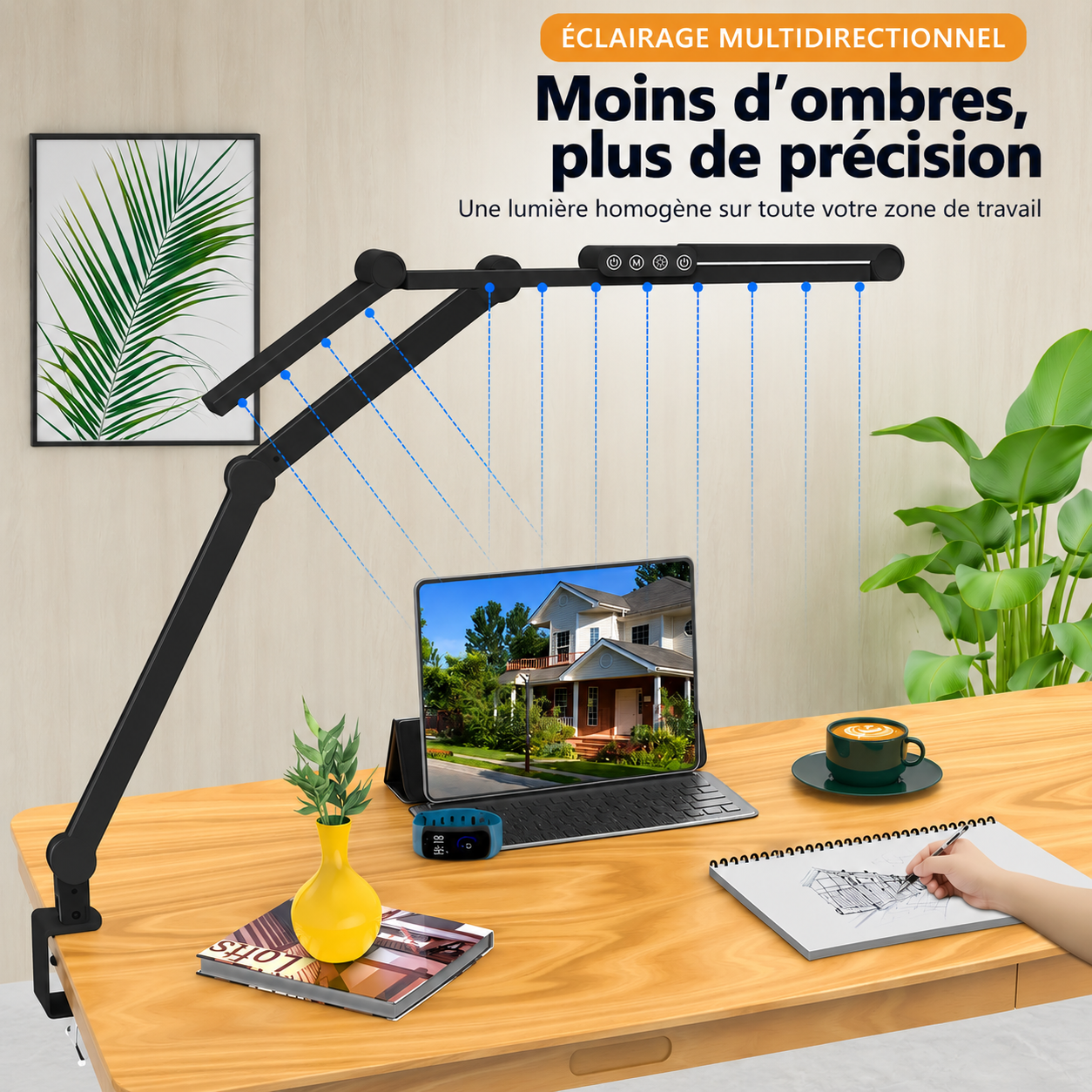 Lampe de travail articulée avec éclairage multidirectionnel pour limiter les zones d’ombre
